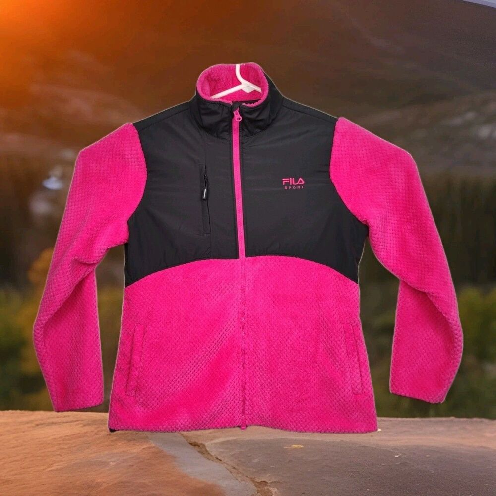 FILA Sport women's full-zip fuzzy jacket, size L, bright pink &‎ gray